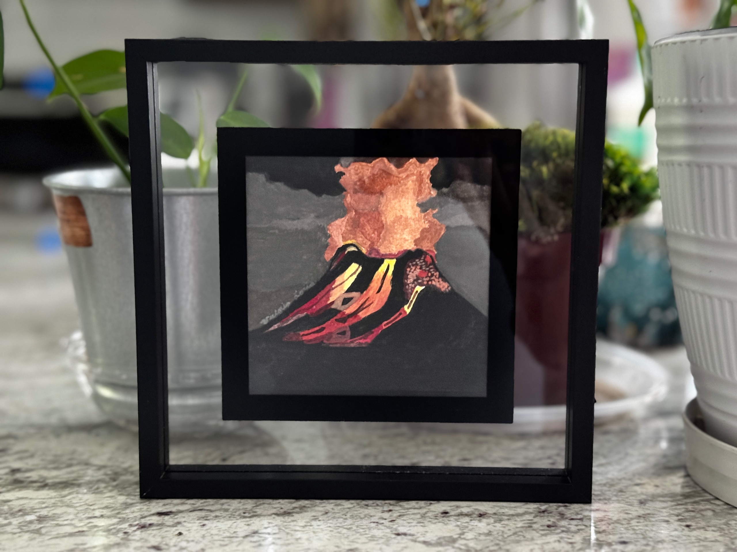 Volcano of Voices Handmade Original 4x4 Gouache Painting Framed