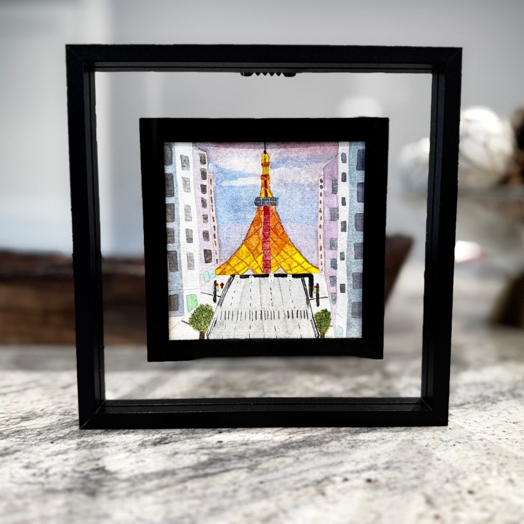 Tokyo Tower Cityscape Original 4x4 Watercolor Painting Framed