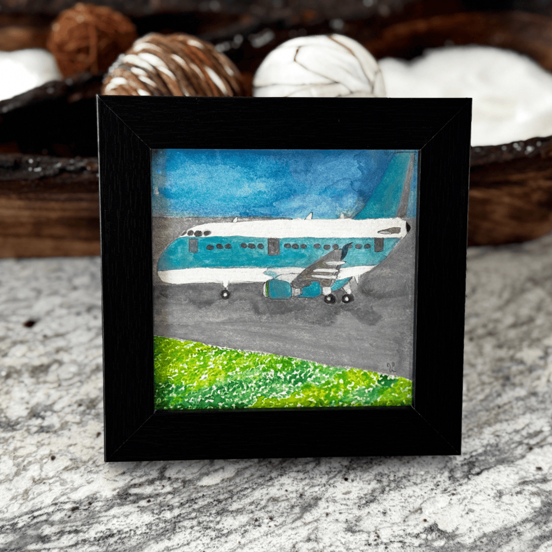 Between Departures Original 4x4 Watercolor Aircraft Painting Framed