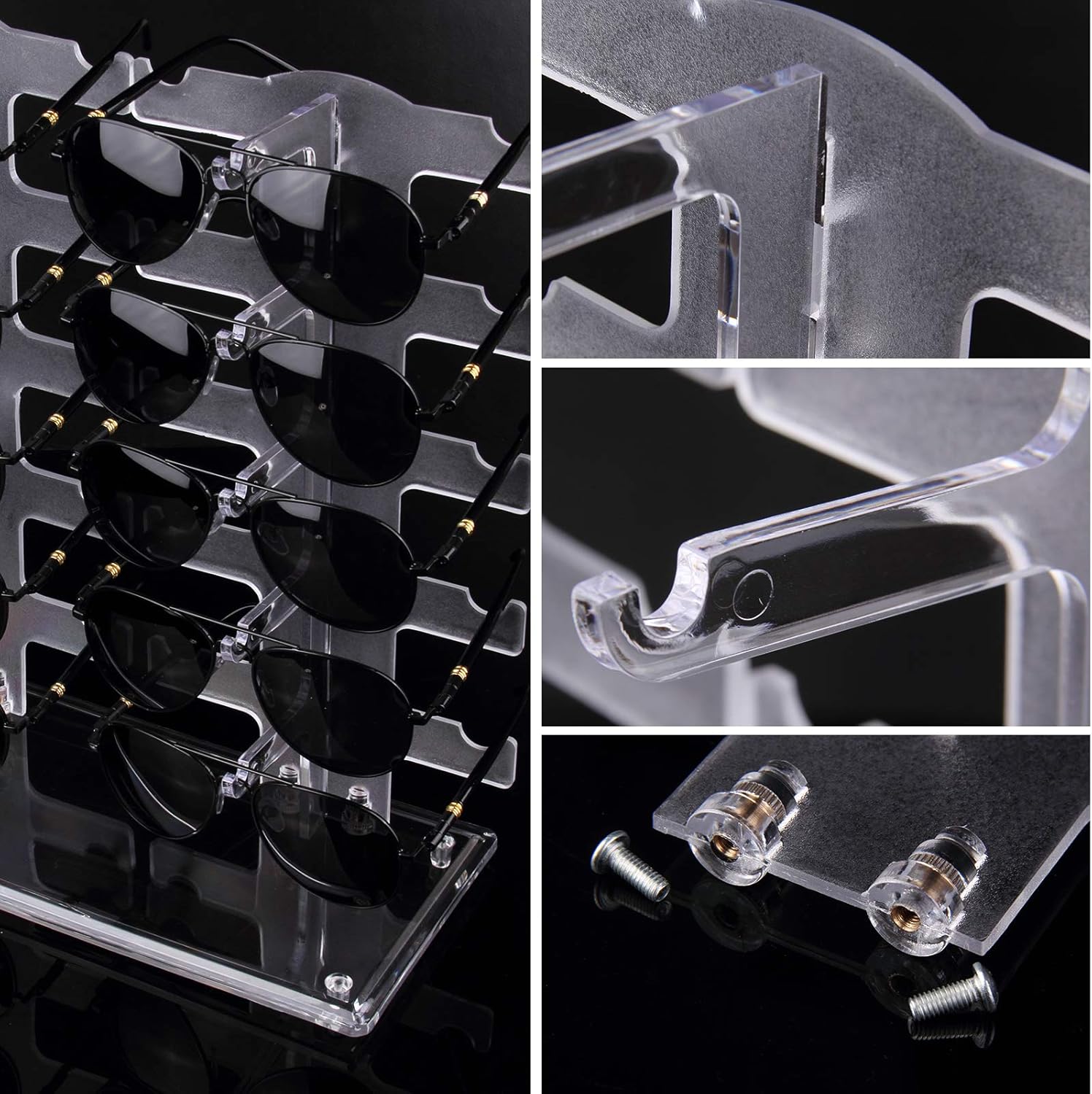 Holding multiple pairs of sunglasses and eyeglasses