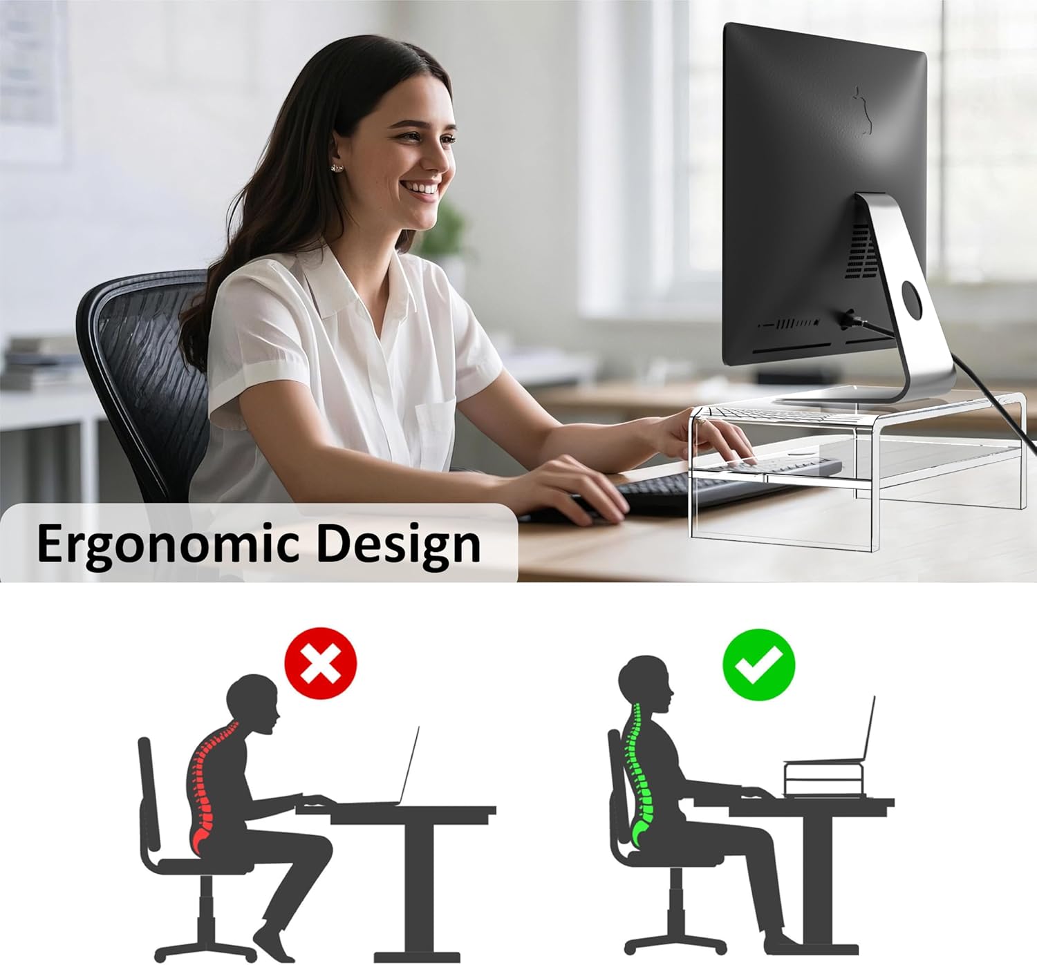 Ergonomic design raises monitor to a comfortable height