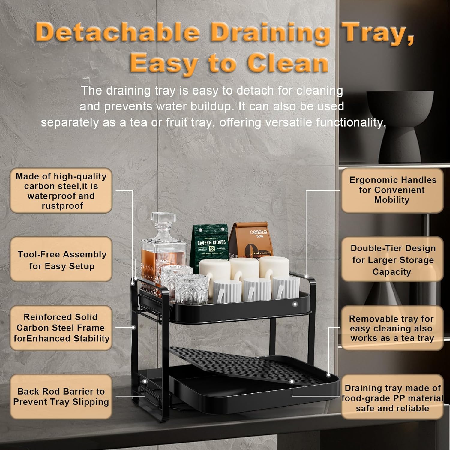 Rack holding various mugs, glasses, and cups