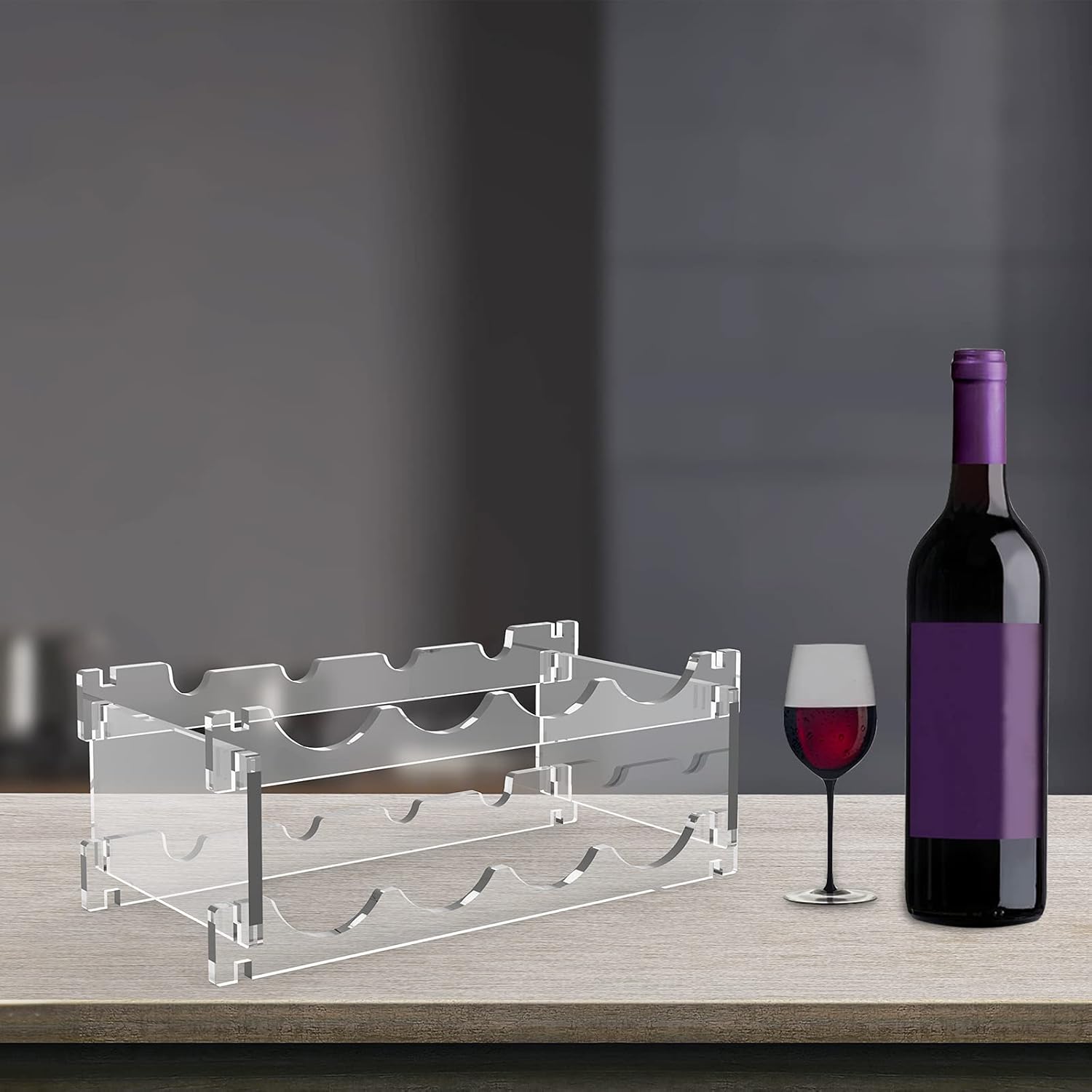 Acrylic wine rack on a kitchen counter