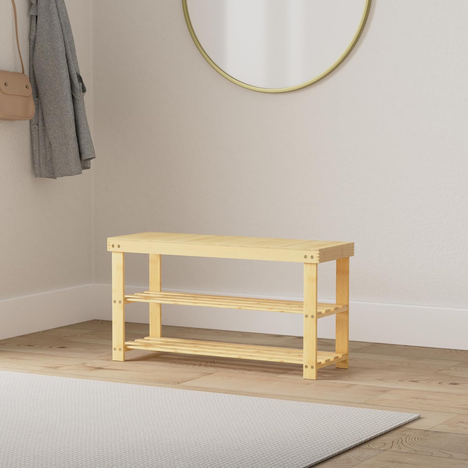 Bamboo shoe bench in a modern entryway