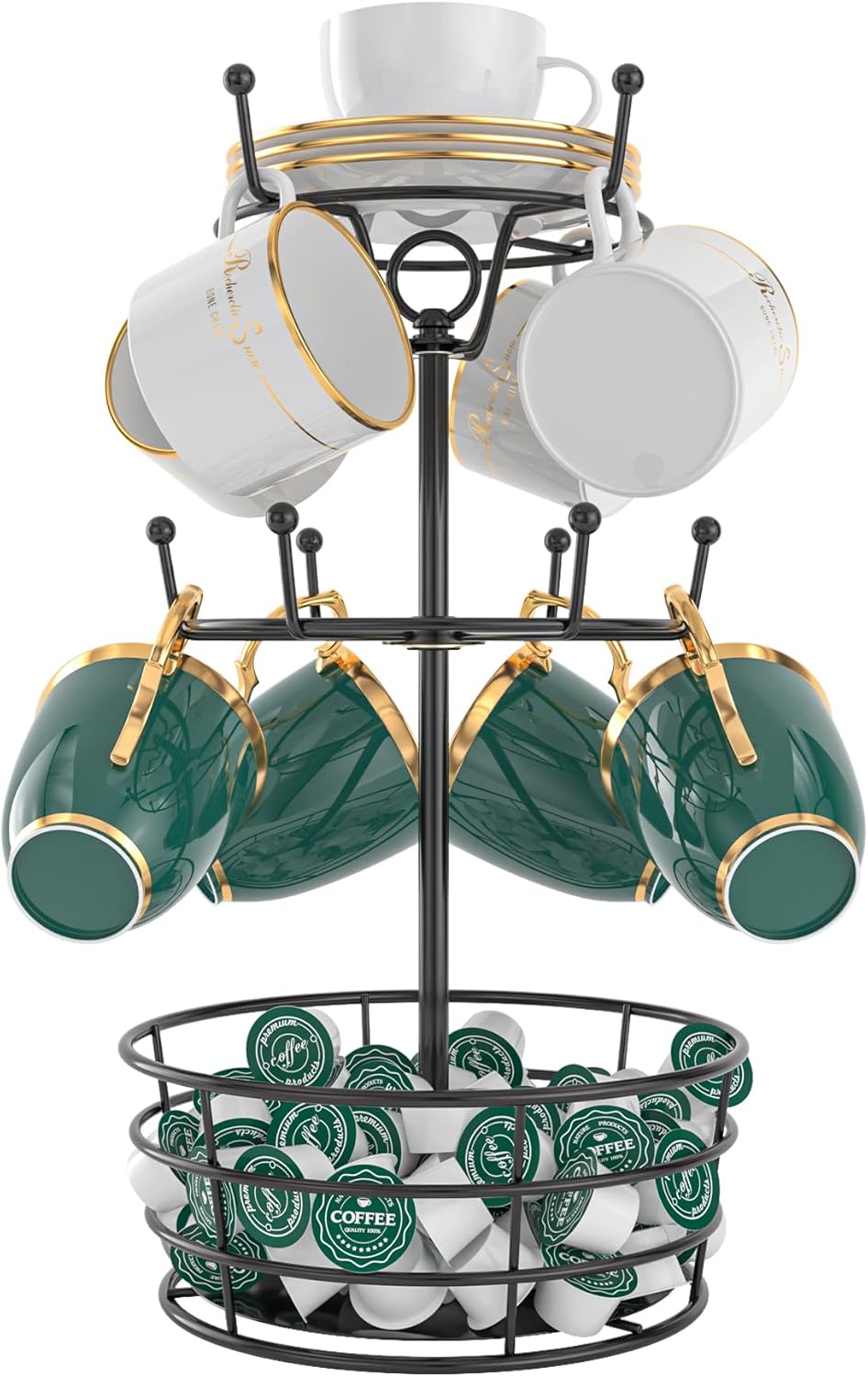 3-Tier Rotatable Metal Coffee Mug Rack with 10 Hooks