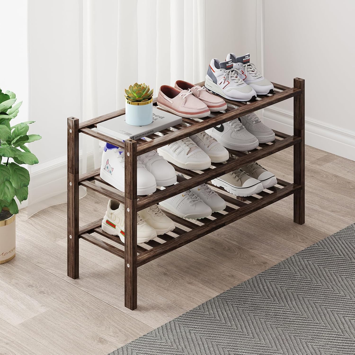 3-Tier Stackable Bamboo Narrow Shoe Rack Organizer
