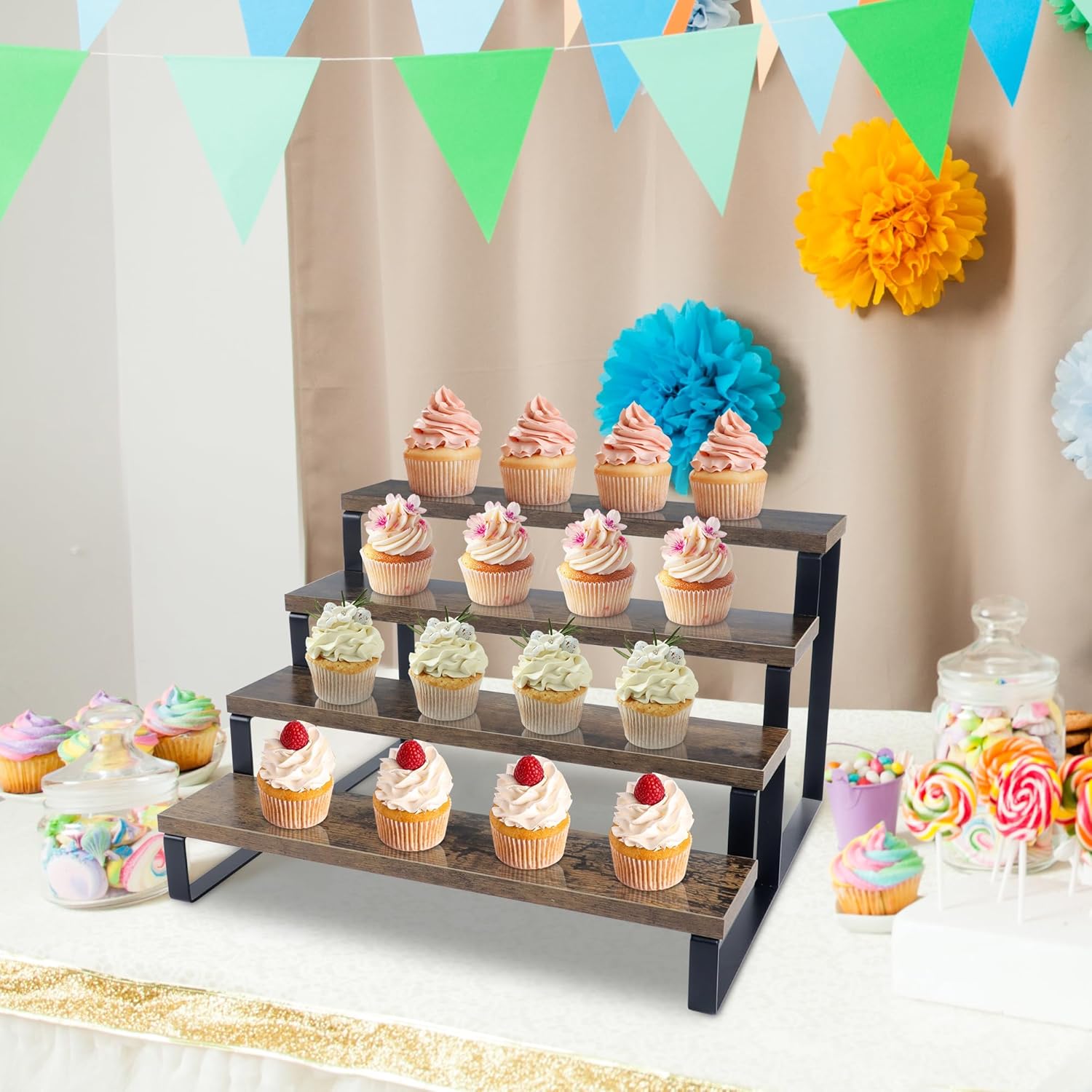 Wood display riser at a wedding dessert table