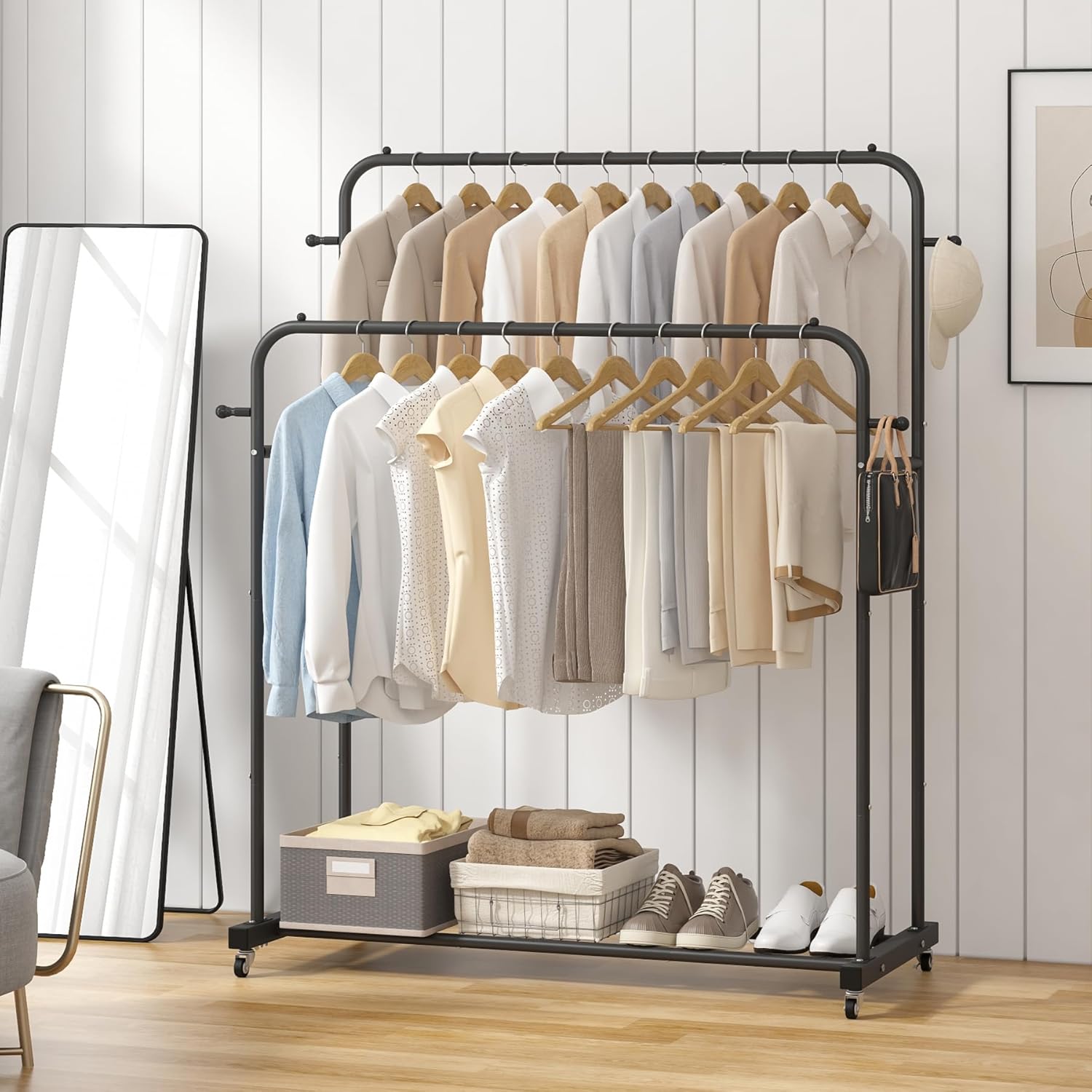 Rolling garment rack in a bedroom as an open wardrobe