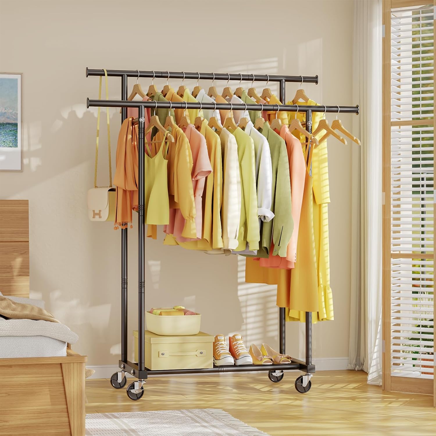 Rolling clothes rack in a bedroom as an open closet
