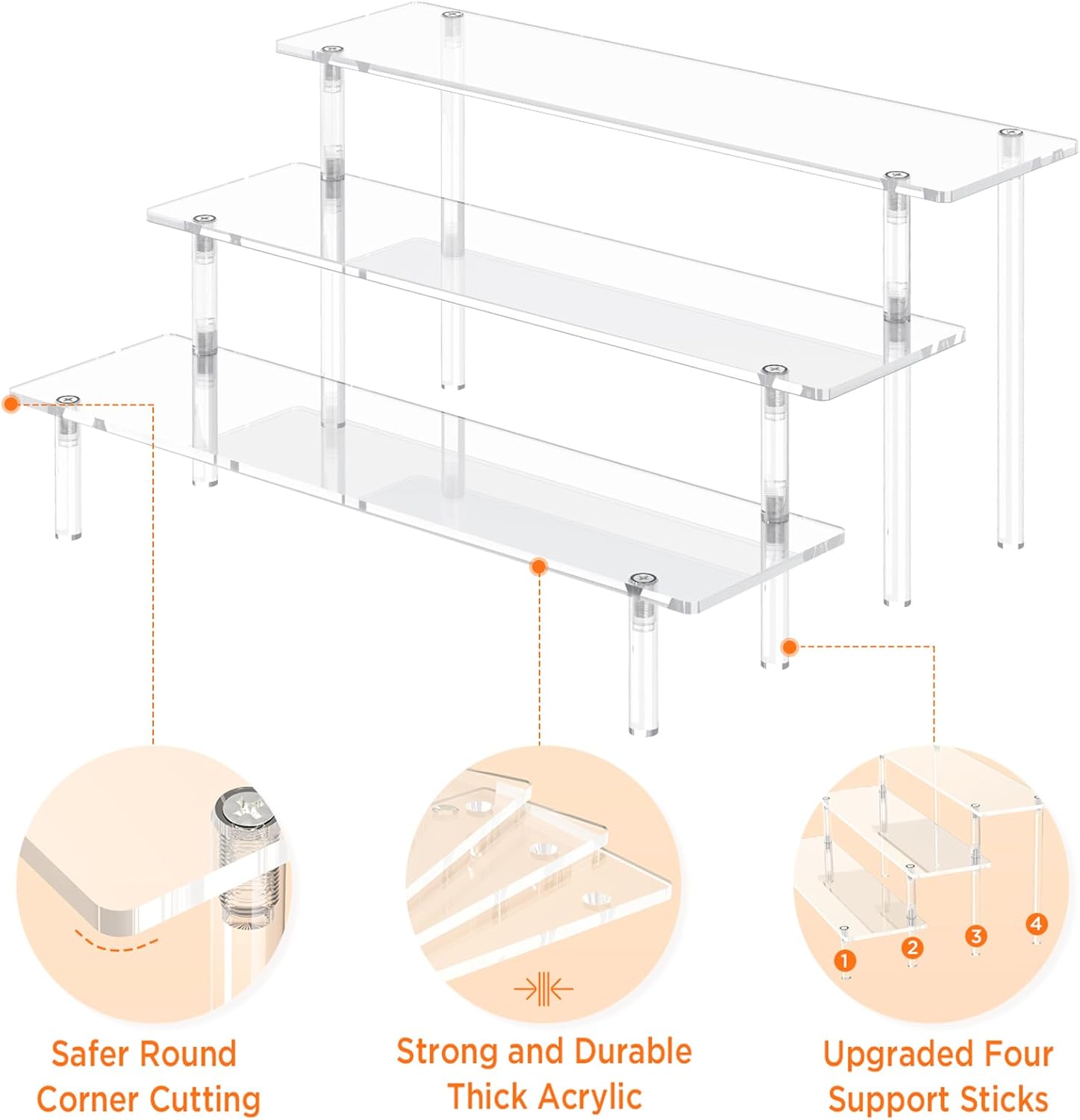 Close-up of the sturdy, clear acrylic tiers and metal legs