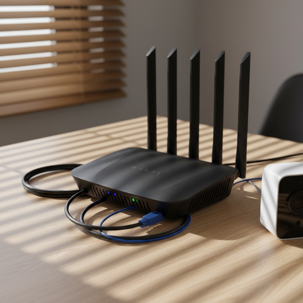 A wireless router and white device connected with cables on a wood table, in a room with natural light and shadows, indica...