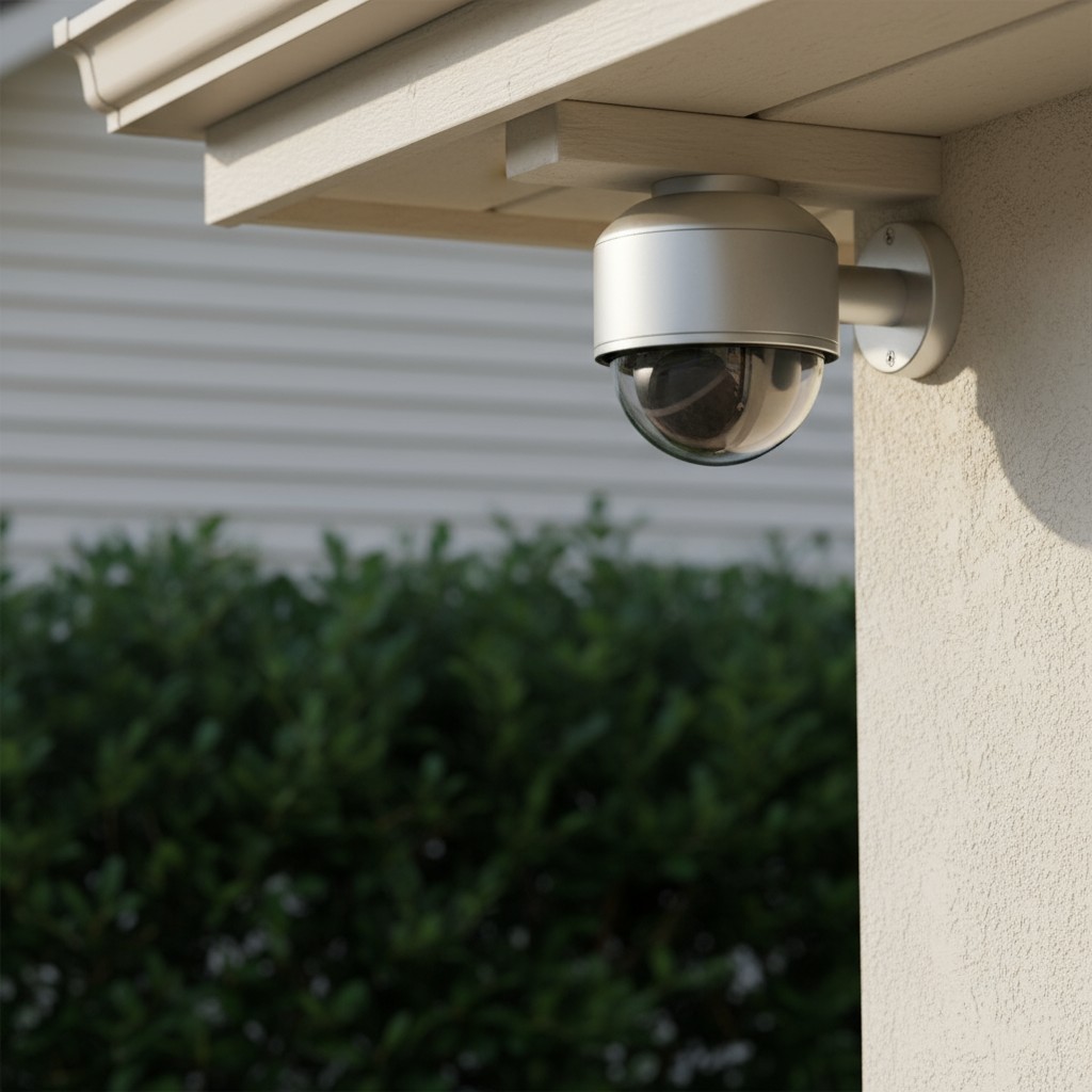 A close-up photograph features a silver dome CCTV security camera mounted on the side of an off-white stucco building, wit...