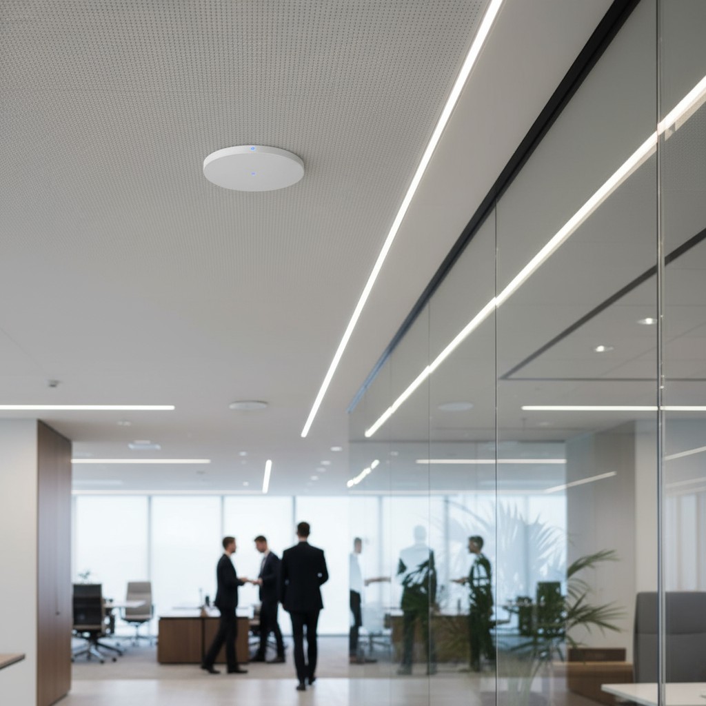 office building interior with white and glass walls and four businessmen at work with people in suits greeting each other ...