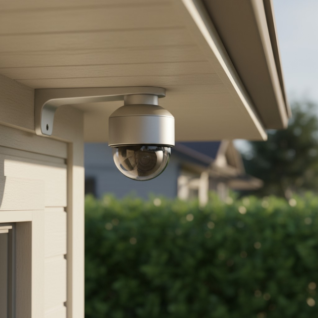 A silver security camera mounted under the eave of an off-white building, facing the left side of the image.
