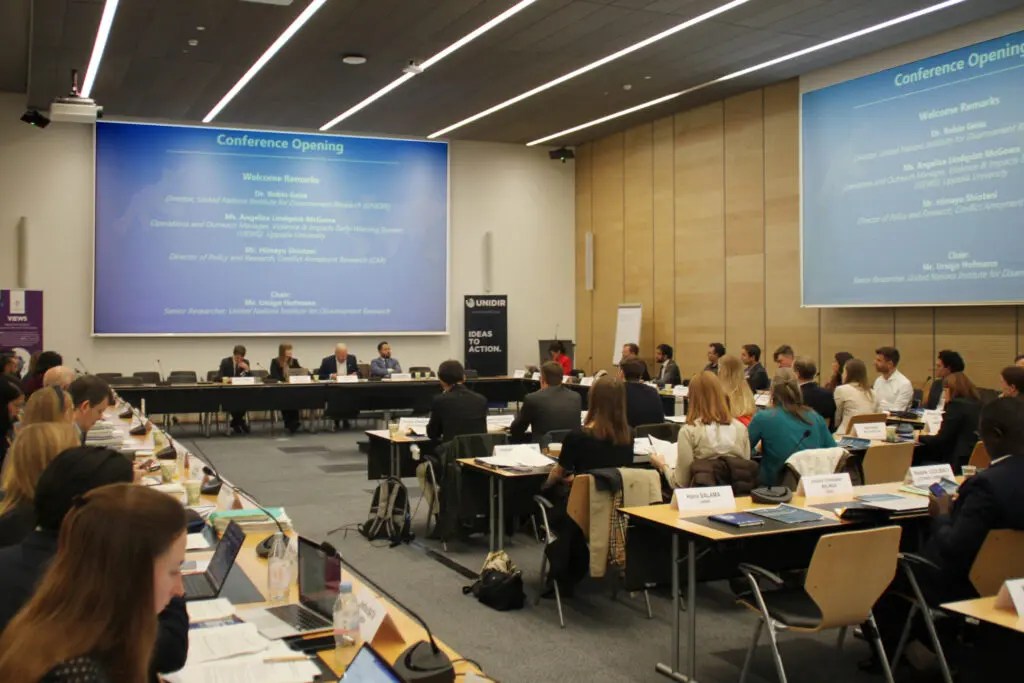 Ms. Angelica Lindqvist-McGowan, VIEWS Operations & Outreach Manager, delivers the opening remarks alongside Dr. Robin Geiss, Director of the United Nations Institute for Disarmament Research, and Mr. Himayu Shiotani, Director of Policy and Research at Conflict Armament Research.