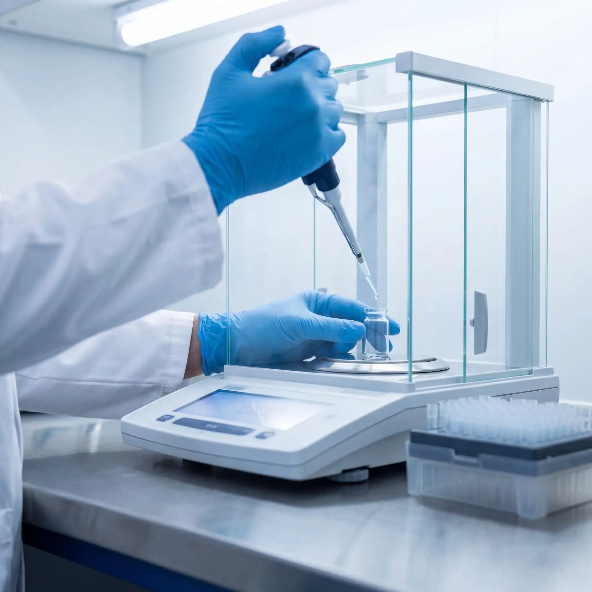 Gloved hands lab vial
