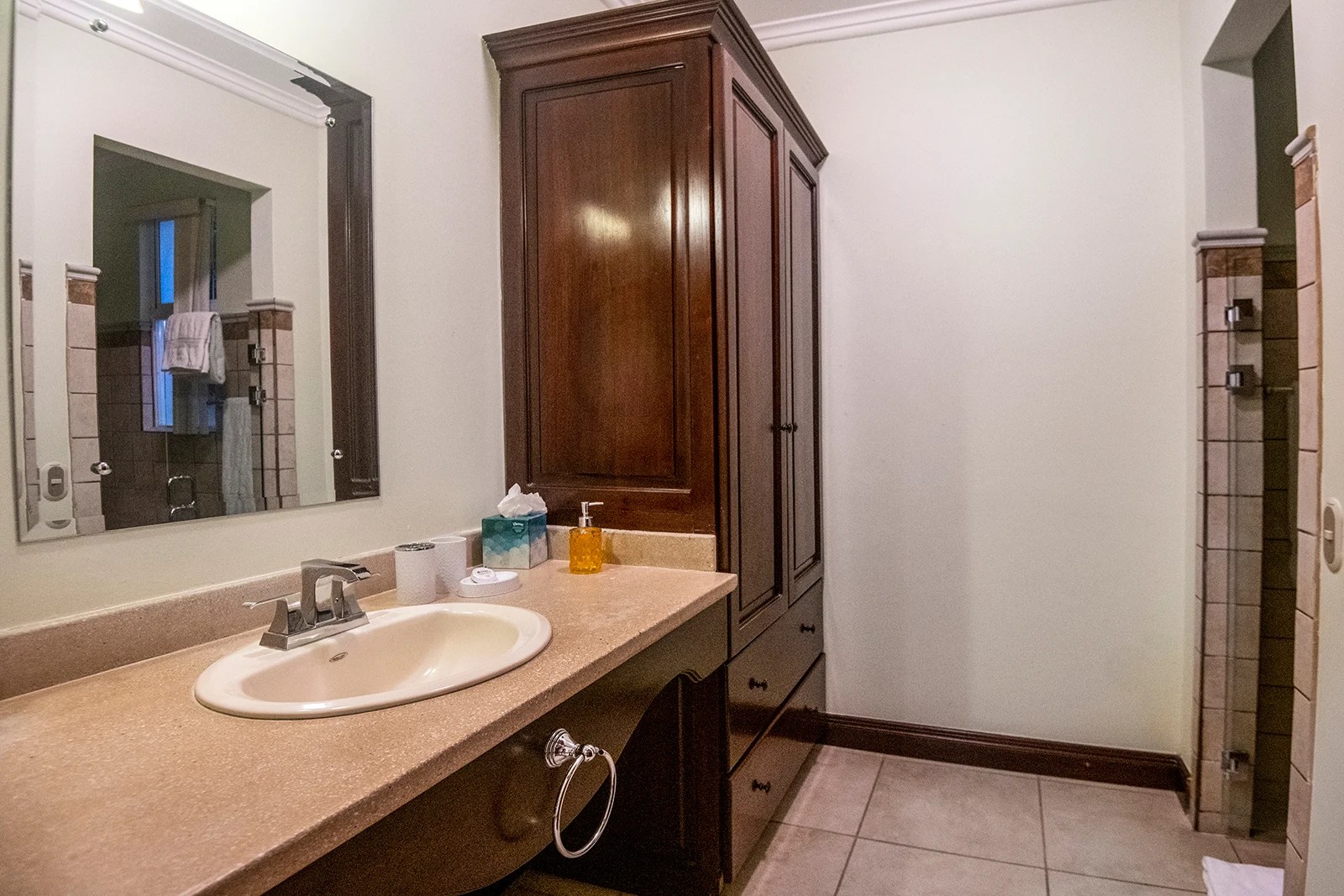 Ensuite bathroom with sink vanity, wood cabinetry, mirror, and tiled walk-in shower inside a Los Sueños villa.