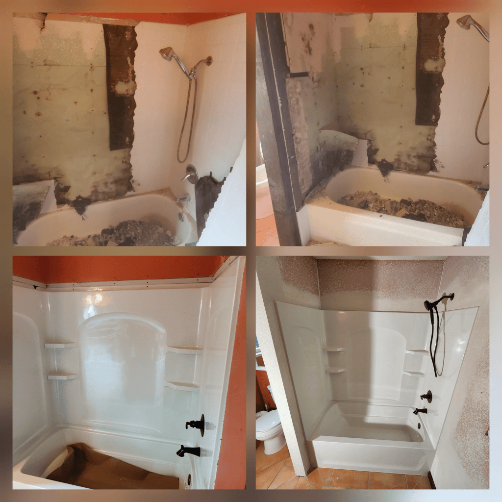 Bathroom shower remodel featuring new acrylic tub and shower surround, plumbing upgrades, drywall repair, and restored tile flooring.