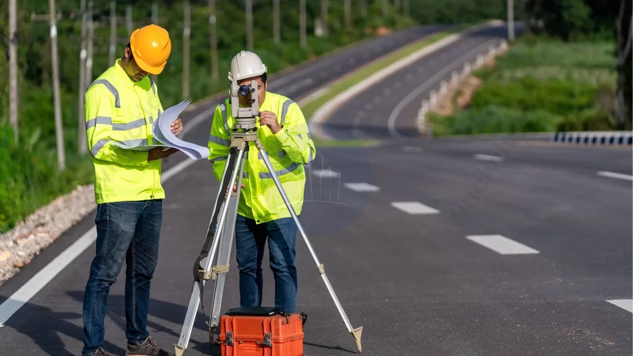 Two surveyors in safety gear analyzing blueprints while using a surveying instrument on a road.