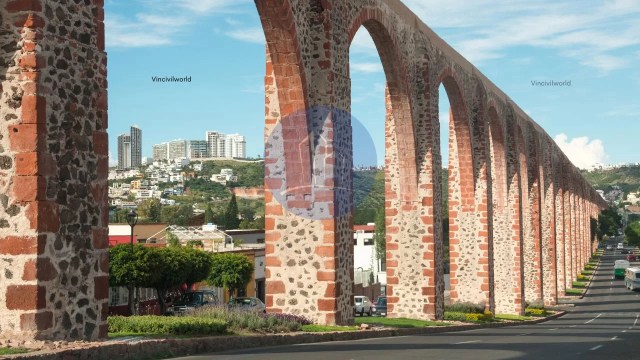 A historic stone aqueduct featuring multiple arches, set against a backdrop of a cityscape with modern buildings and hills in the distance.