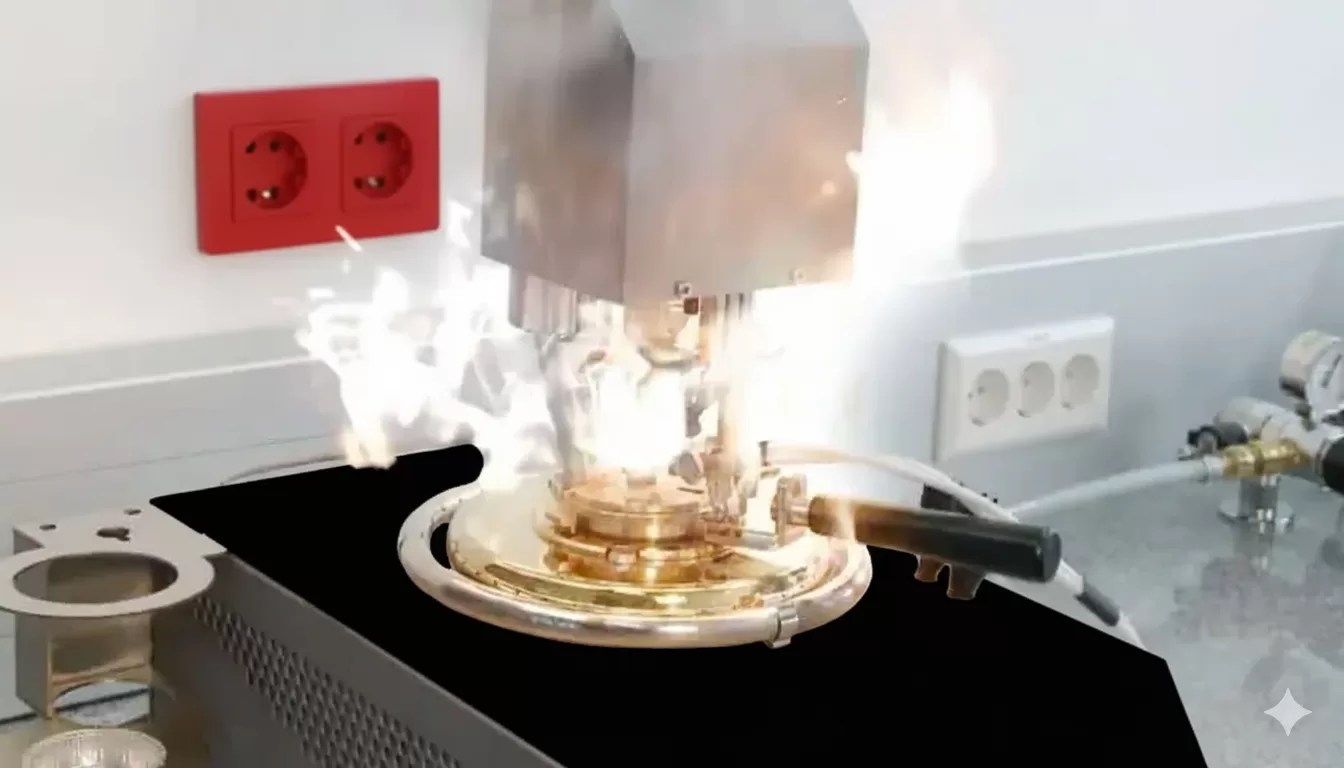 A laboratory setup showing fire erupting from a Pensky-Marten closed cup apparatus used for the flash and fire point test on bitumen.