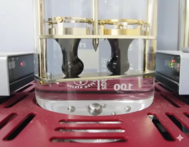 Apparatus for conducting the softening point procedure featuring a temperature-controlled water bath and brass ring setup.