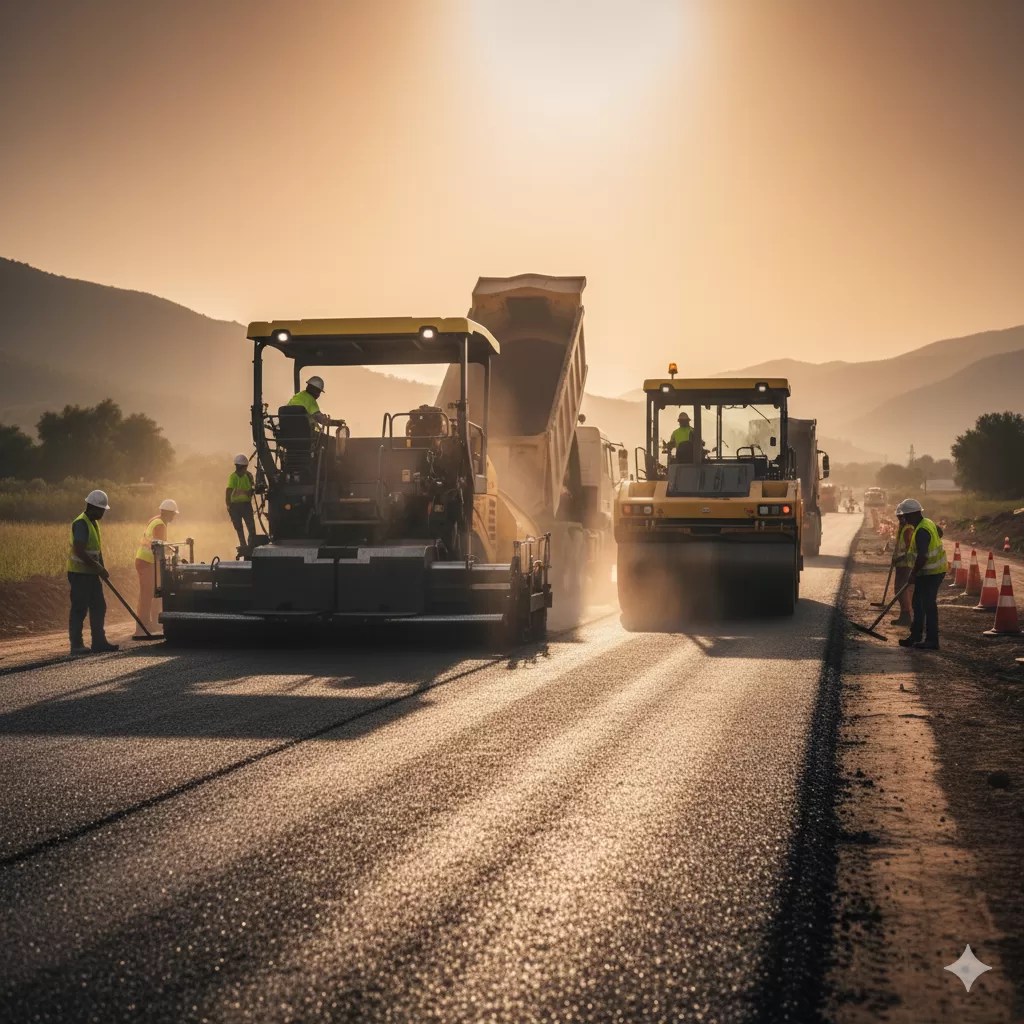 Construction workers paving a road using heavy machinery during sunset.