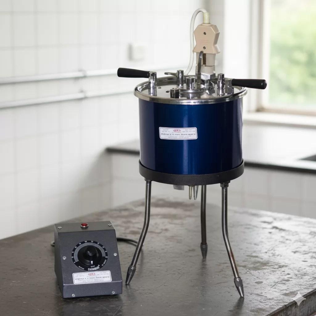 A laboratory apparatus for conducting viscosity tests on bitumen, featuring a large, cylindrical container with a heating element and a control unit beside it.