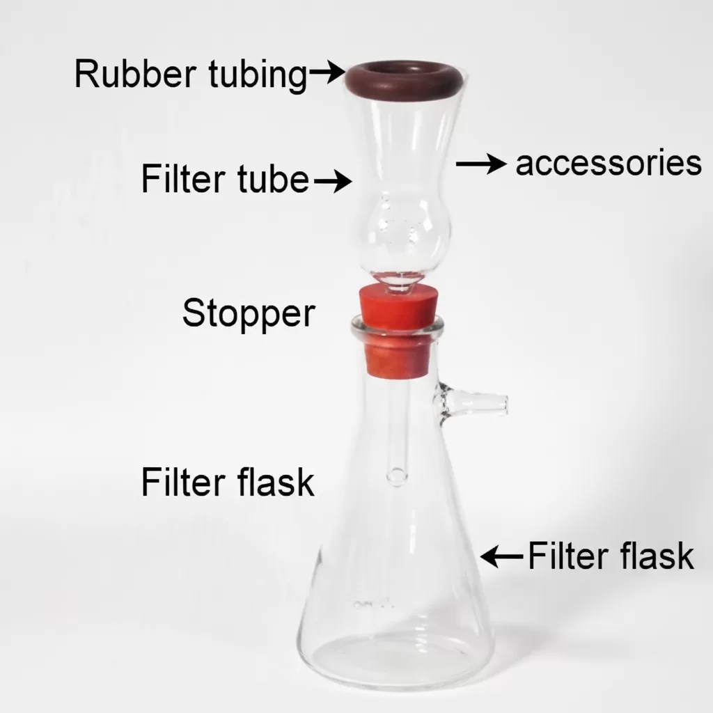 Laboratory setup for conducting bitumen tests, featuring a filter flask, stopper, filter tube, and rubber tubing.