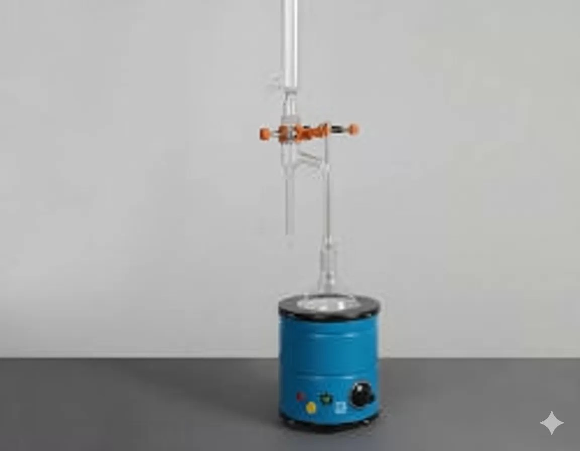 A blue laboratory apparatus used for conducting distillation tests, featuring a heating element and glassware for measuring and separating volatile elements in bitumen.