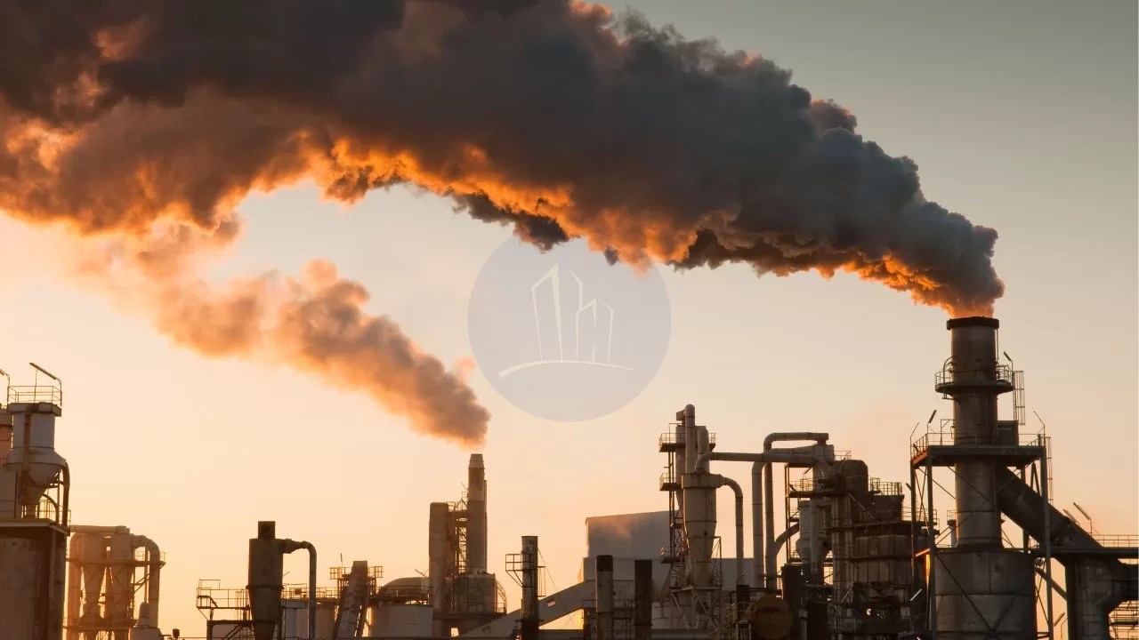 Industrial smokestacks emitting clouds of smoke against a sunset backdrop, illustrating air pollution emissions.