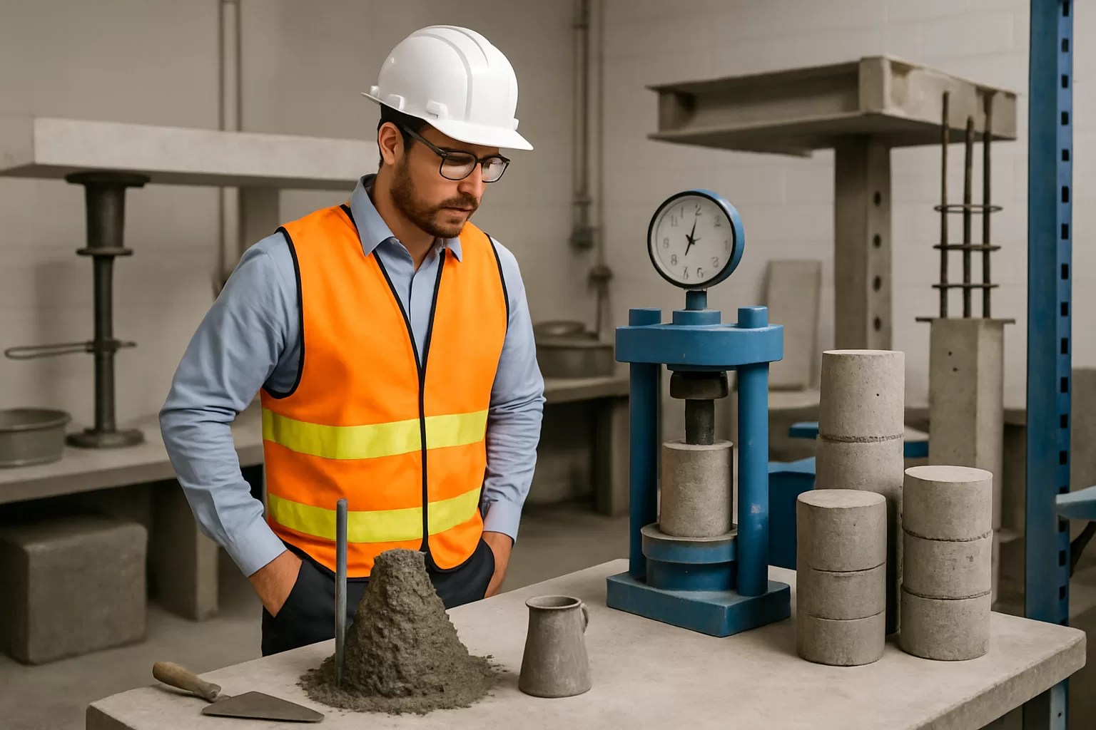 A laboratory setting for concrete testing, featuring a man in a safety vest and hard hat, observing a concrete compression testing machine alongside molds and tools.