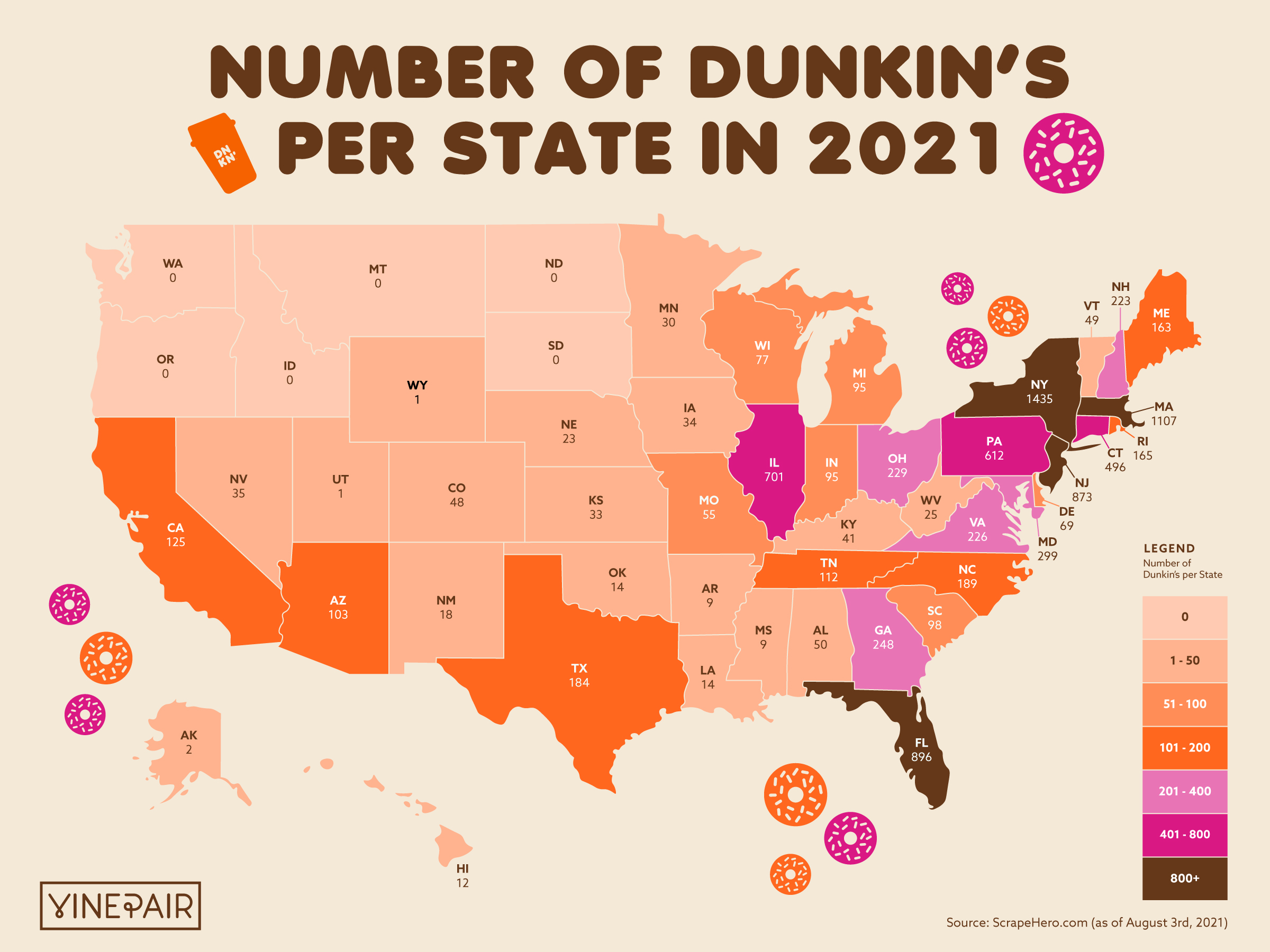 The Number Of Dunkin Locations In Every U S State Map Isaiah Rippin Infographic 