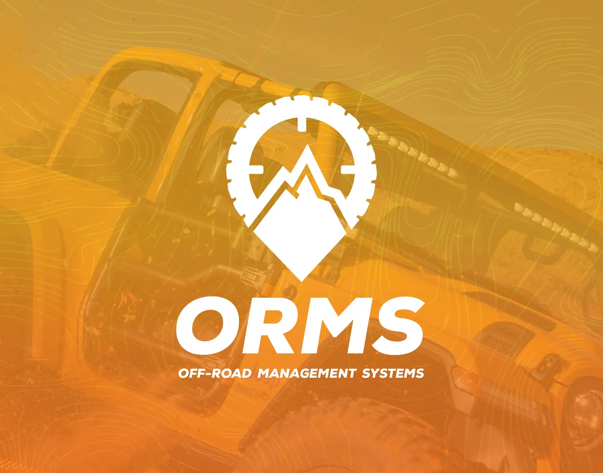 Logo for ORMS (Off-Road Management Systems) featuring a gear-shaped pin with a mountain inside, overlaid on an orange-tinted image of an off-road vehicle and a topographic map background.