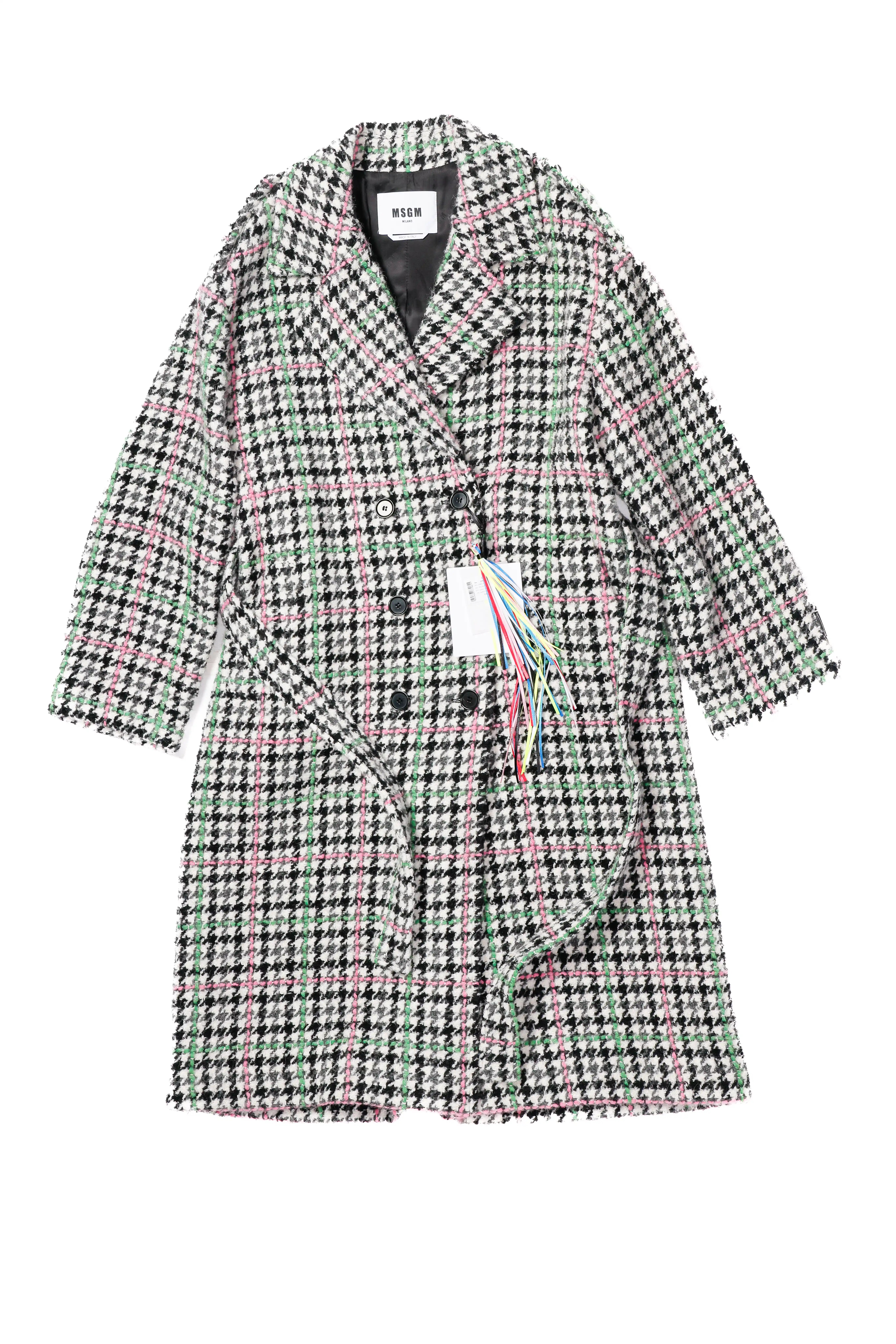 MSGM Houndstooth Wool Trench Coat, White, Pink, Green and Black - 42