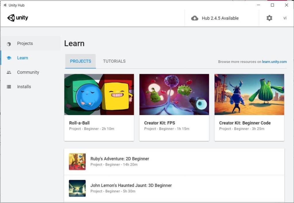 open Unity learn project