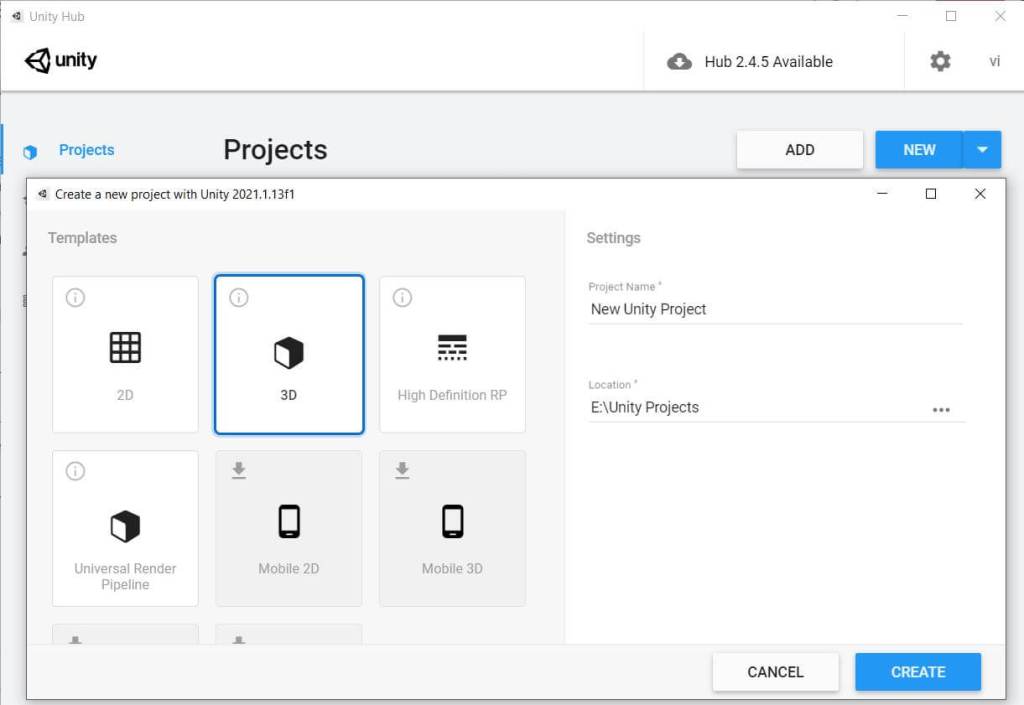 Create new project in Unity