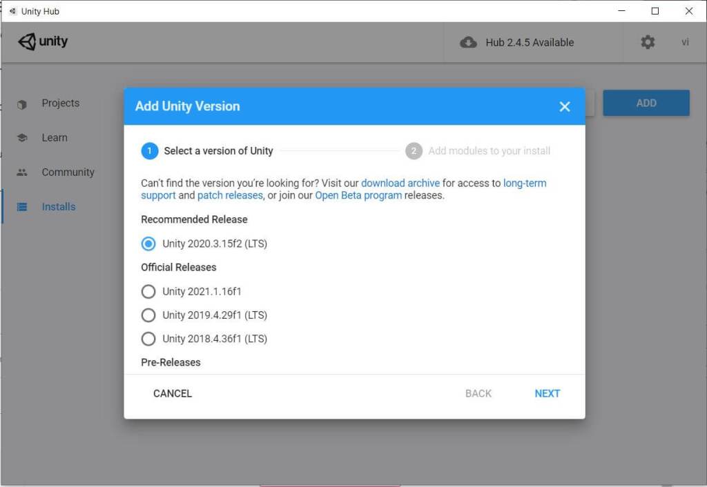 Add new Unity version to Unity hub