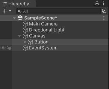 Button added to the hierarchy window as a child of Canvas.