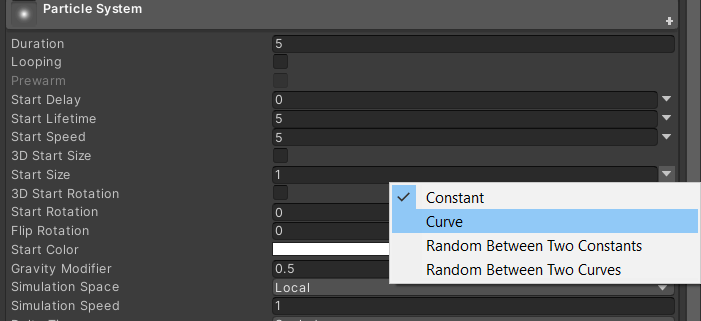 Curve and random value option of particle system parameter.