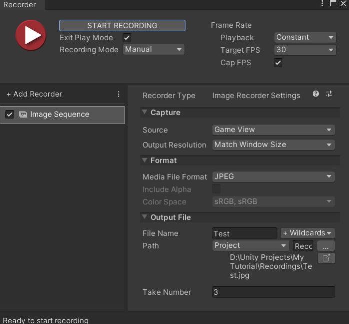 Unity recorder setting to take screenshot.