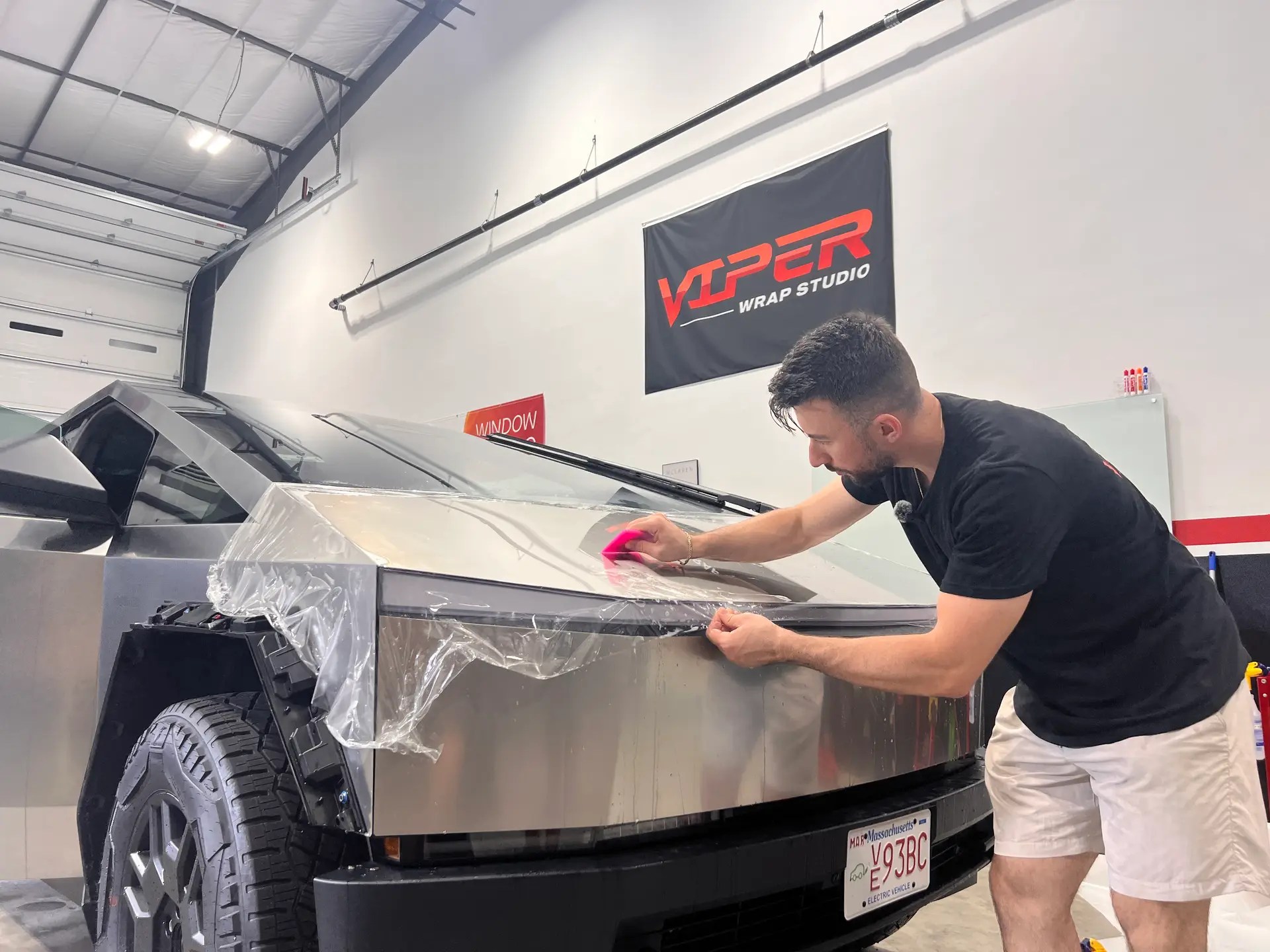 cybertruck being protected by viper wrap studio using Llumar Paint Protection Film