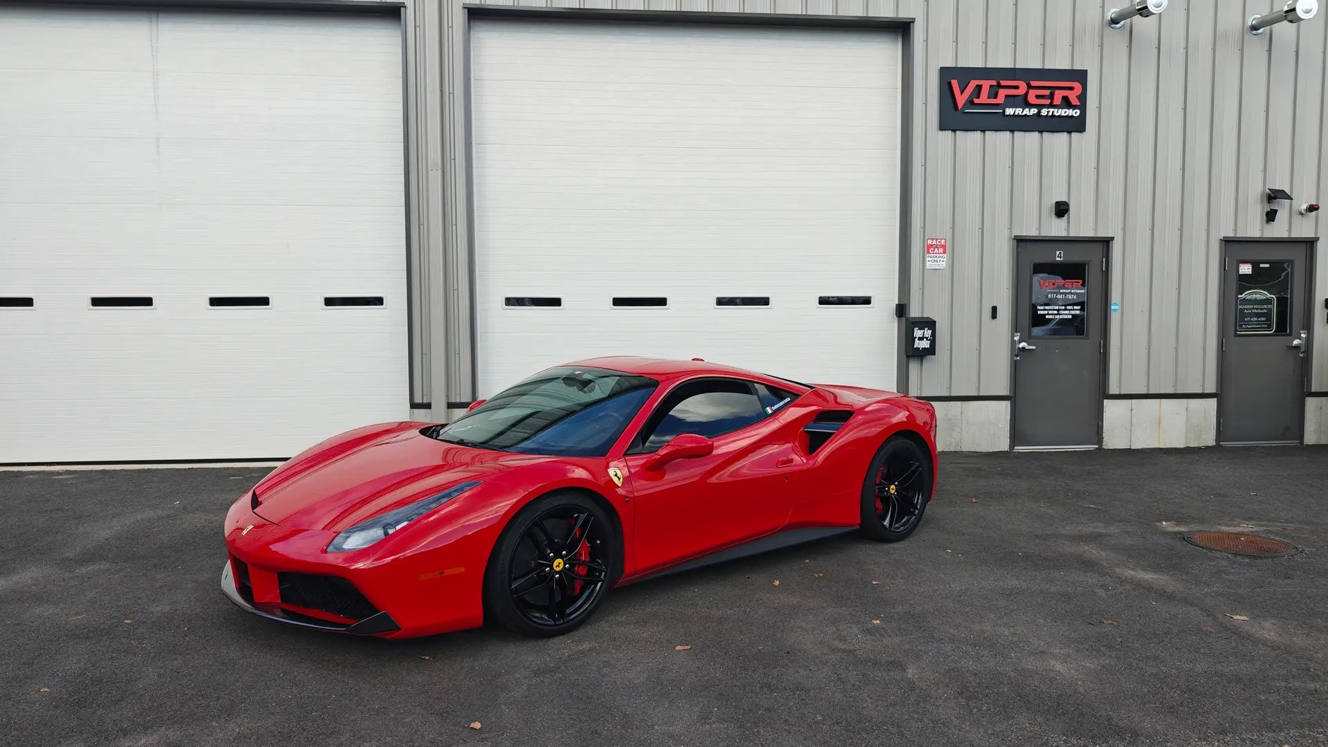 Ferrari ceramic coating and window tinting at Viper Wrap Studio in Pembroke MA