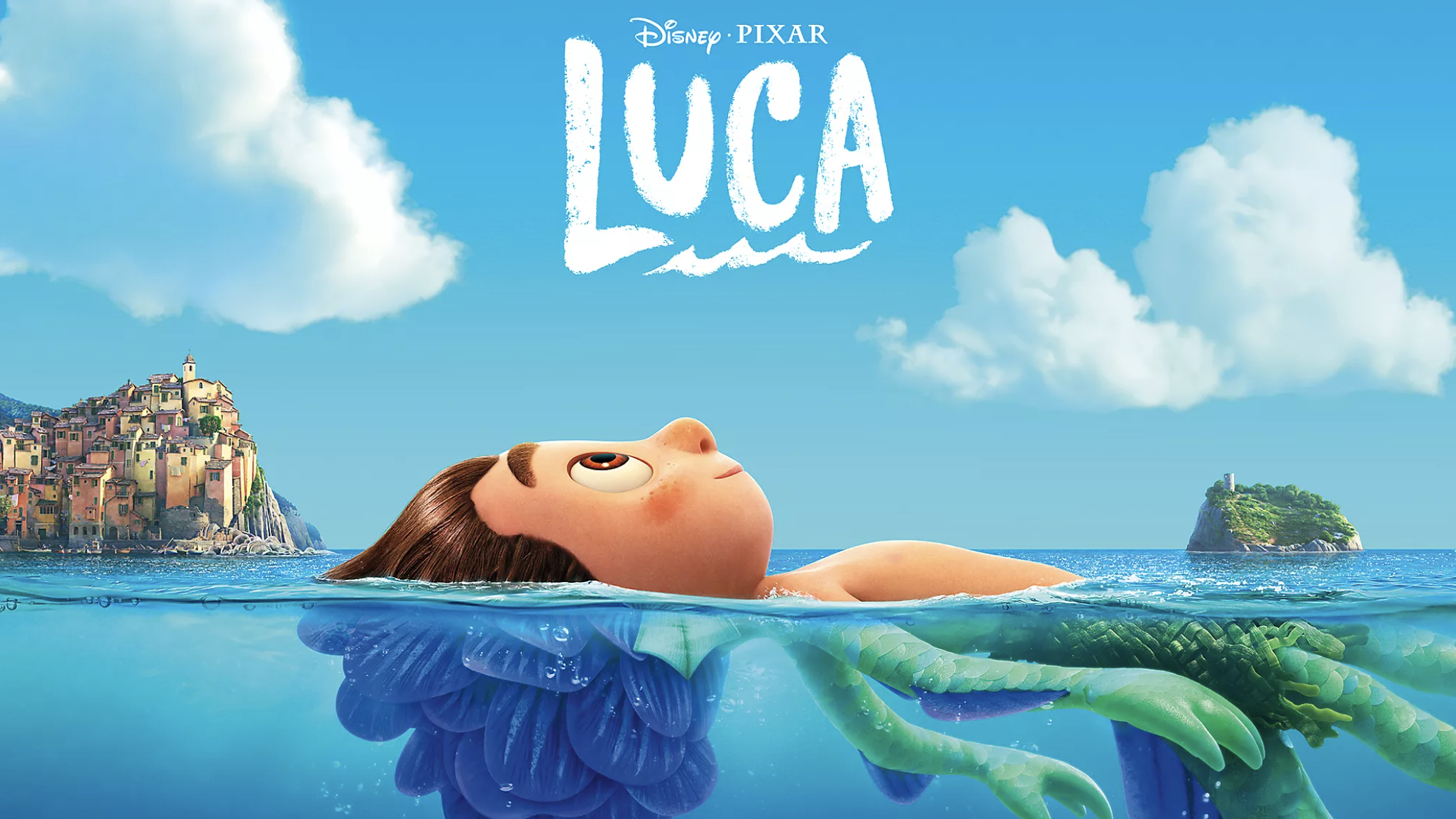 Cartton boy who is half fish floats on the water in Pixars Luca