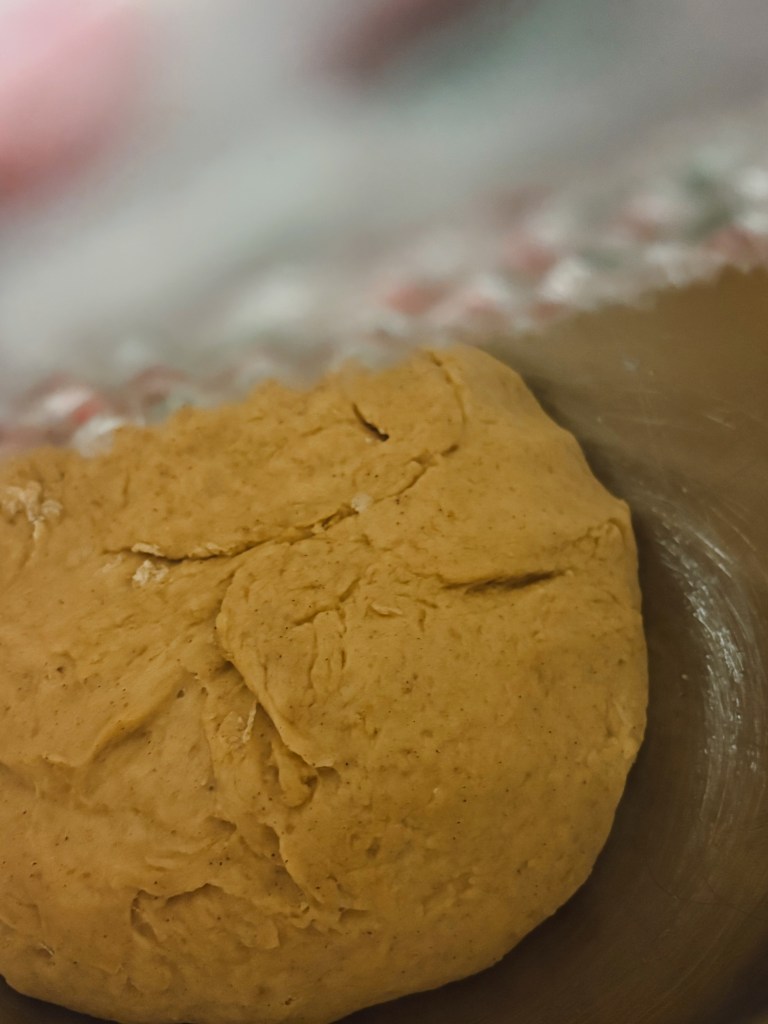 A close-up view of a ball of dough on a flat surface, showcasing a smooth, slightly textured brown surface.