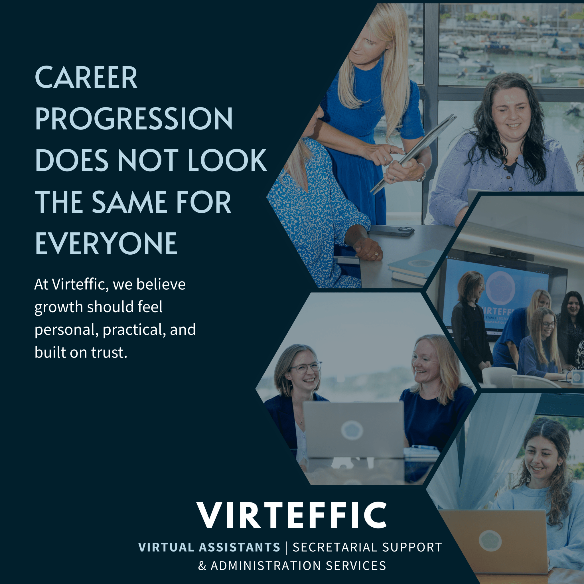 Employees from diverse backgrounds in a professional workplace setting with the phrase ‘career progression does not look the same for everyone,’ promoting inclusive careers and diverse career pathways
