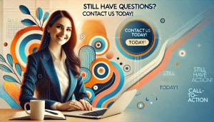 A smiling businesswoman with a laptop or a vibrant abstract graphic.