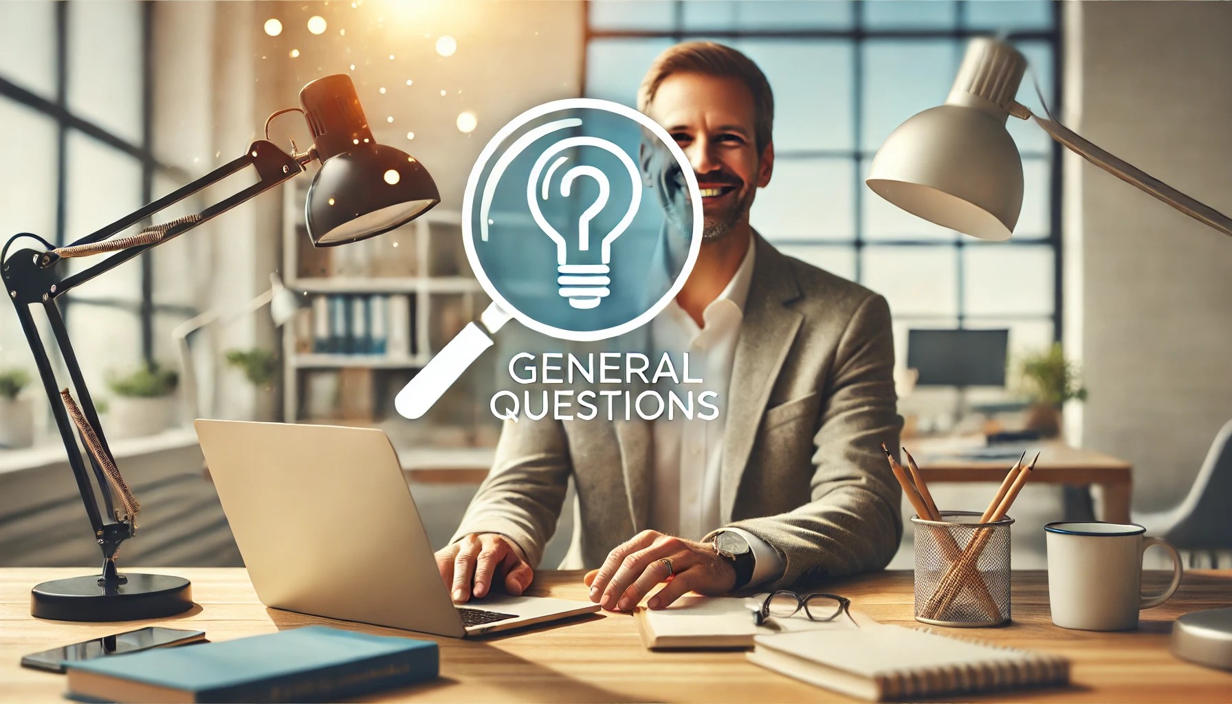 A lightbulb or a magnifying glass icon representing clarity and finding answers, with an image of a smiling professional sitting at a desk, symbolizing helpful support.