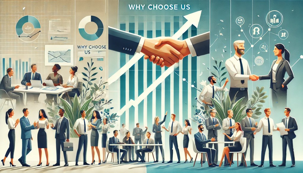 A graphic illustrating trust, growth, and collaboration (handshake, growth graph, and professionals celebrating success).