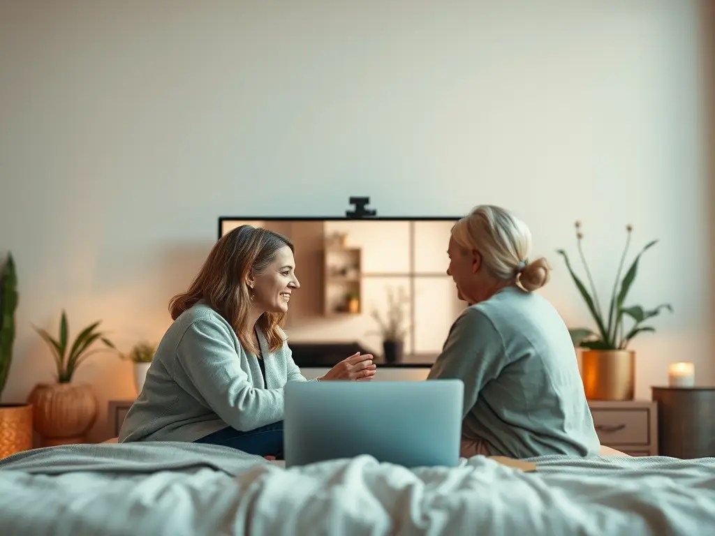 Two women sharing a meaningful moment during a virtual therapy session, seated on a bed with a laptop and soft lighting in the background